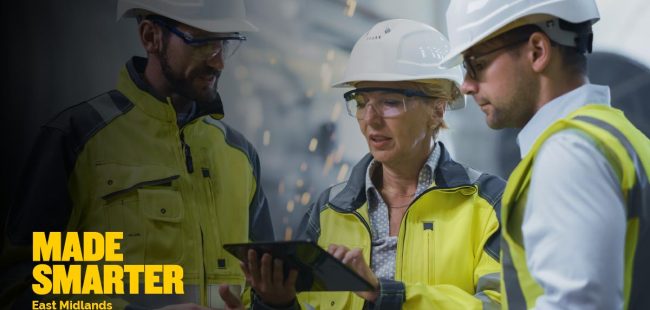 Three people in hard hats looking at electronic tablet