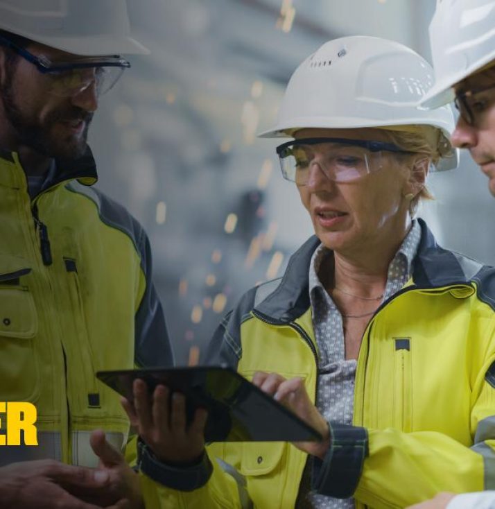 Three people in hard hats looking at electronic tablet