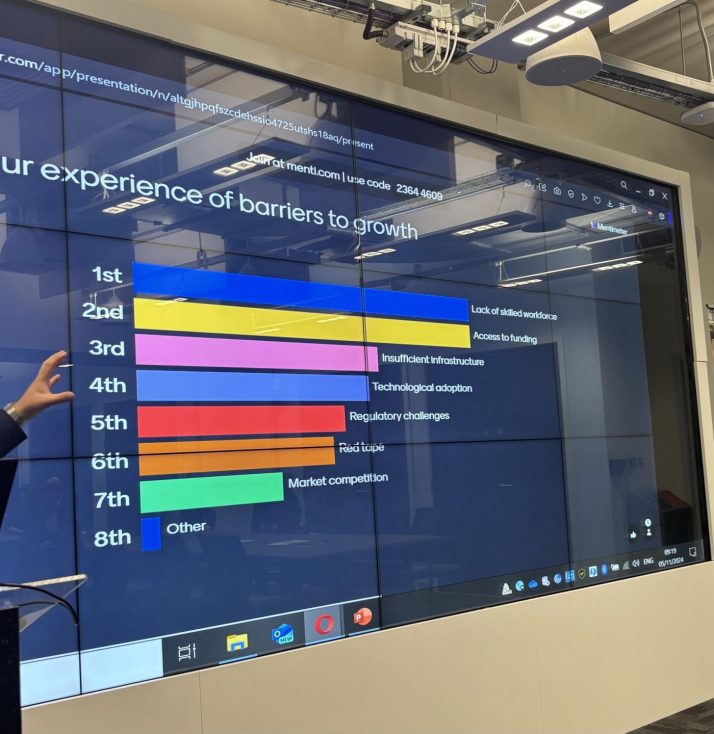 LLBSP Hosts Successful Industrial Strategy Consultation. A person standing in front of a screen showing a bar chart.